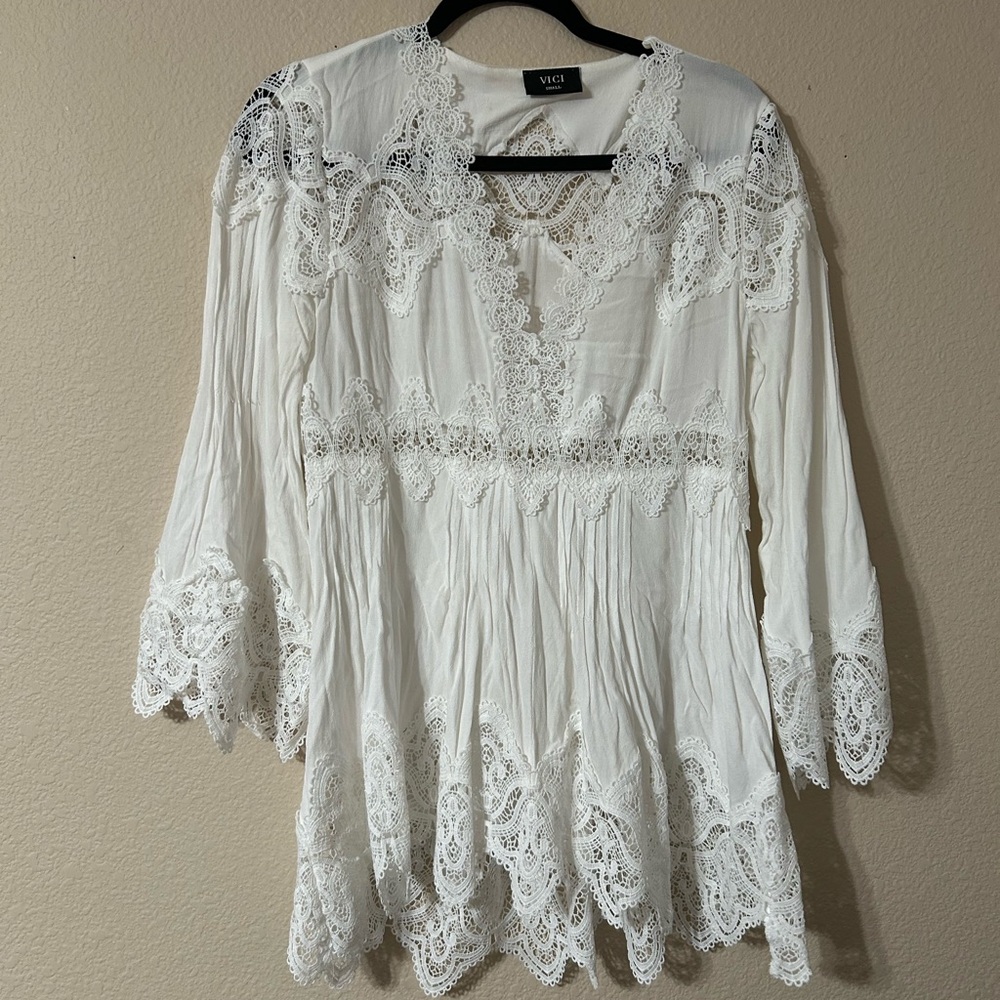 Vici Ivory Lace Tunic with Bell Sleeves